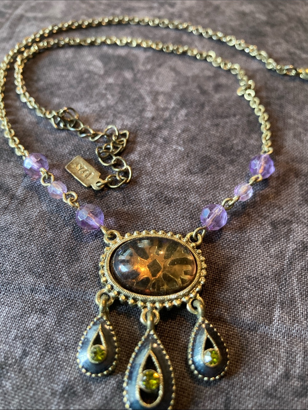 Gold-Tone Pendant Necklace with Purple Beads and Green Accents